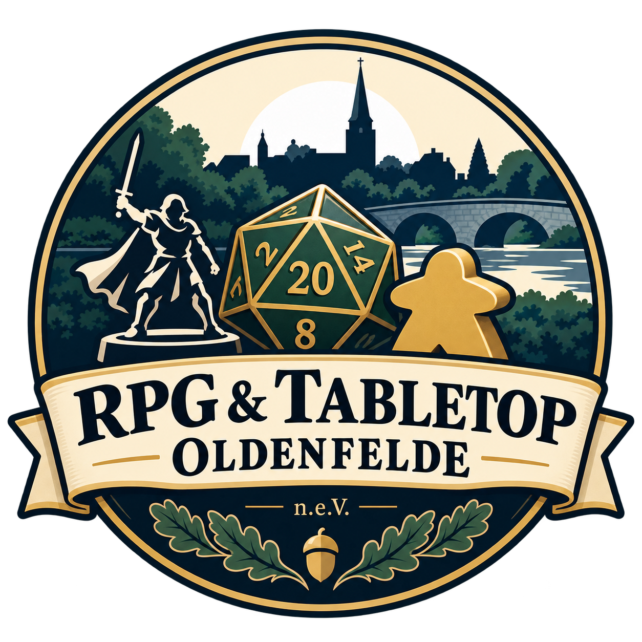 Vereinswappen RPG & Tabletop Oldenfelde mit Würfel, Spielfigur und Miniatur